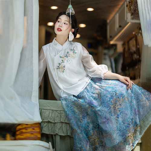 A字半身裙印花长裙上衣女九分袖
