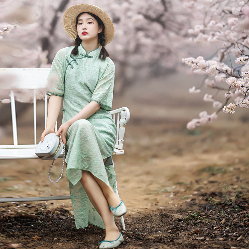 复古旗袍连衣裙女夏季绿裙子仙
