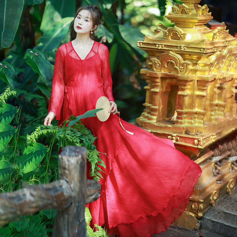 红色不规则开衫雪纺无袖吊带裙女