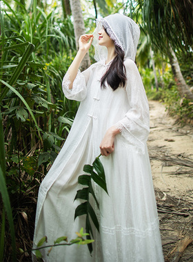 (下架)防晒斗篷款连帽风衣女夏季长款2025新款蕾丝白色外套雪纺衫