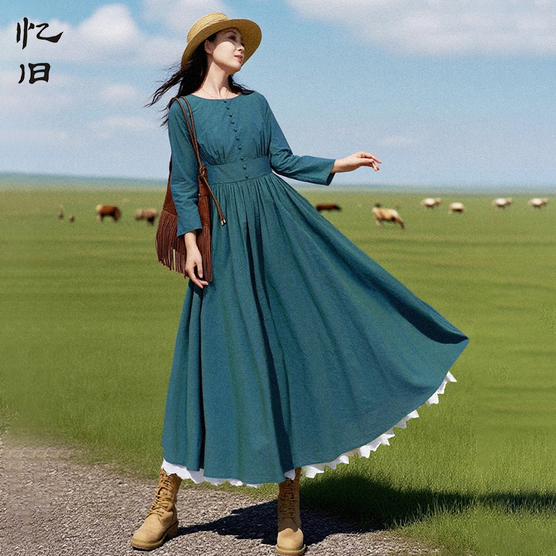 多色收腰连衣裙女早秋纯色大摆裙