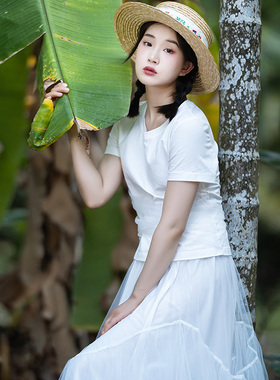 【99元区】原创白色短袖t恤女2025夏季新款圆领气质网纱上衣短款