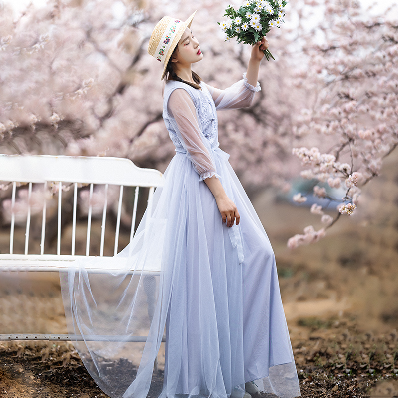 复古刺绣连衣裙女夏网纱裙子仙