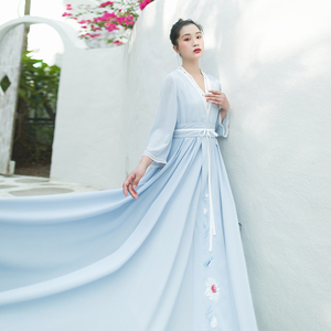 【现货】改良汉服雪纺连衣裙女2026春夏新款v领长裙大裙摆仙女裙