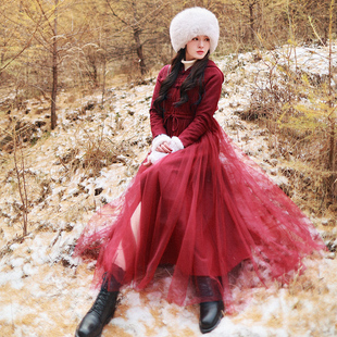 299元 区 冬季 女潮 国风红色羊毛呢大衣红色裙摆式 连帽风衣长款