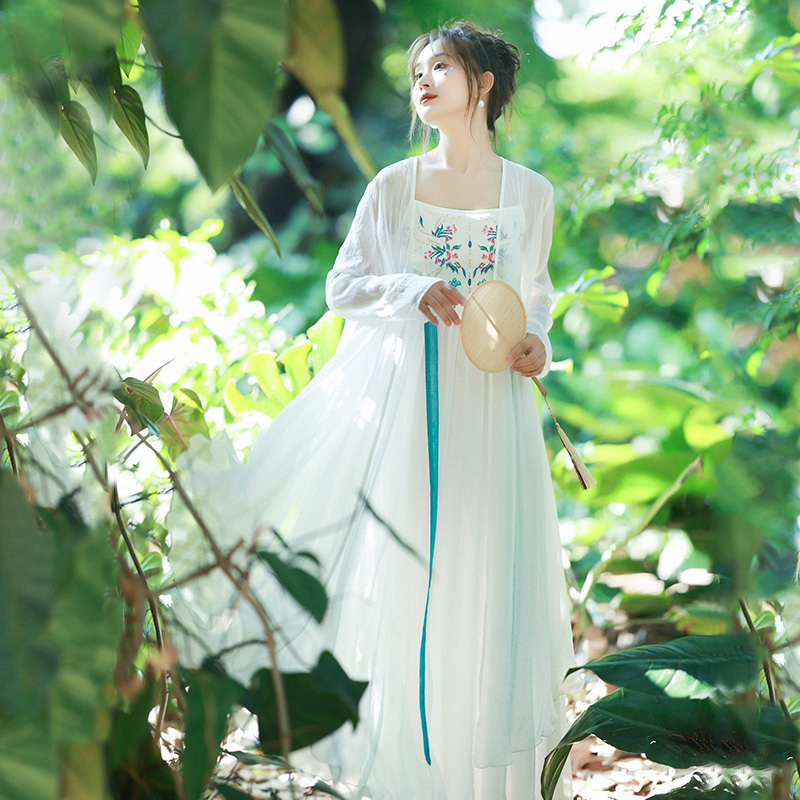 现货【香阁粉忆】复古侧开叉开衫流苏刺绣吊带裙女士撞色夏季套装