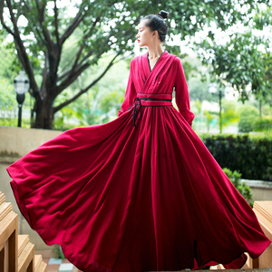 棉麻记古装汉服女国风长裙2026年春季新款红色连衣裙长袖棉麻裙子