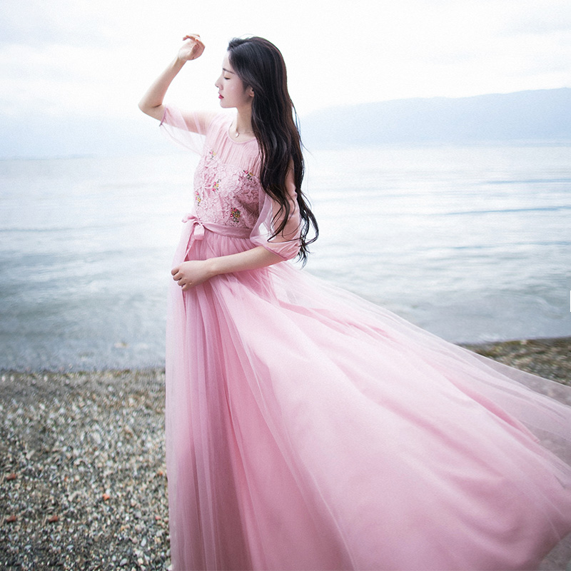 棉麻记温柔风收腰新款蕾丝连衣裙