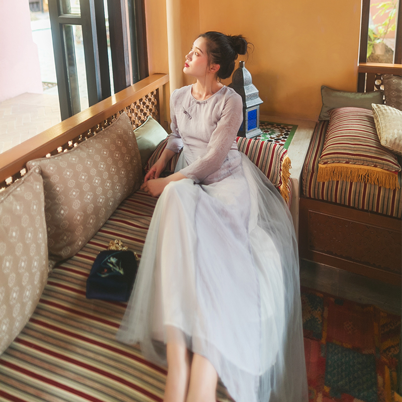 春夏复古改良中式圆领连衣裙