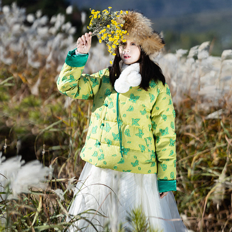 现货【春日山野】复古原创偏襟盘扣羽绒服女冬季蝴蝶剪花圆领外套,女装/女士精品,羽绒服,淘宝优惠券,粉丝福利购,淘宝优惠卷