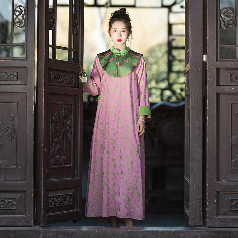 【婷婷袅袅】新中式改良旗袍连衣裙女夏季仿缎面提花精致复古裙子