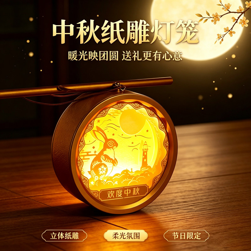 中秋手工DIY灯光圆灯笼材料包立体纸雕桌面摆件春节活动企业礼品