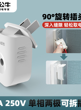 公牛90度可旋转插头可拆2两二脚孔二项弯形扁平不带线10A安可折叠