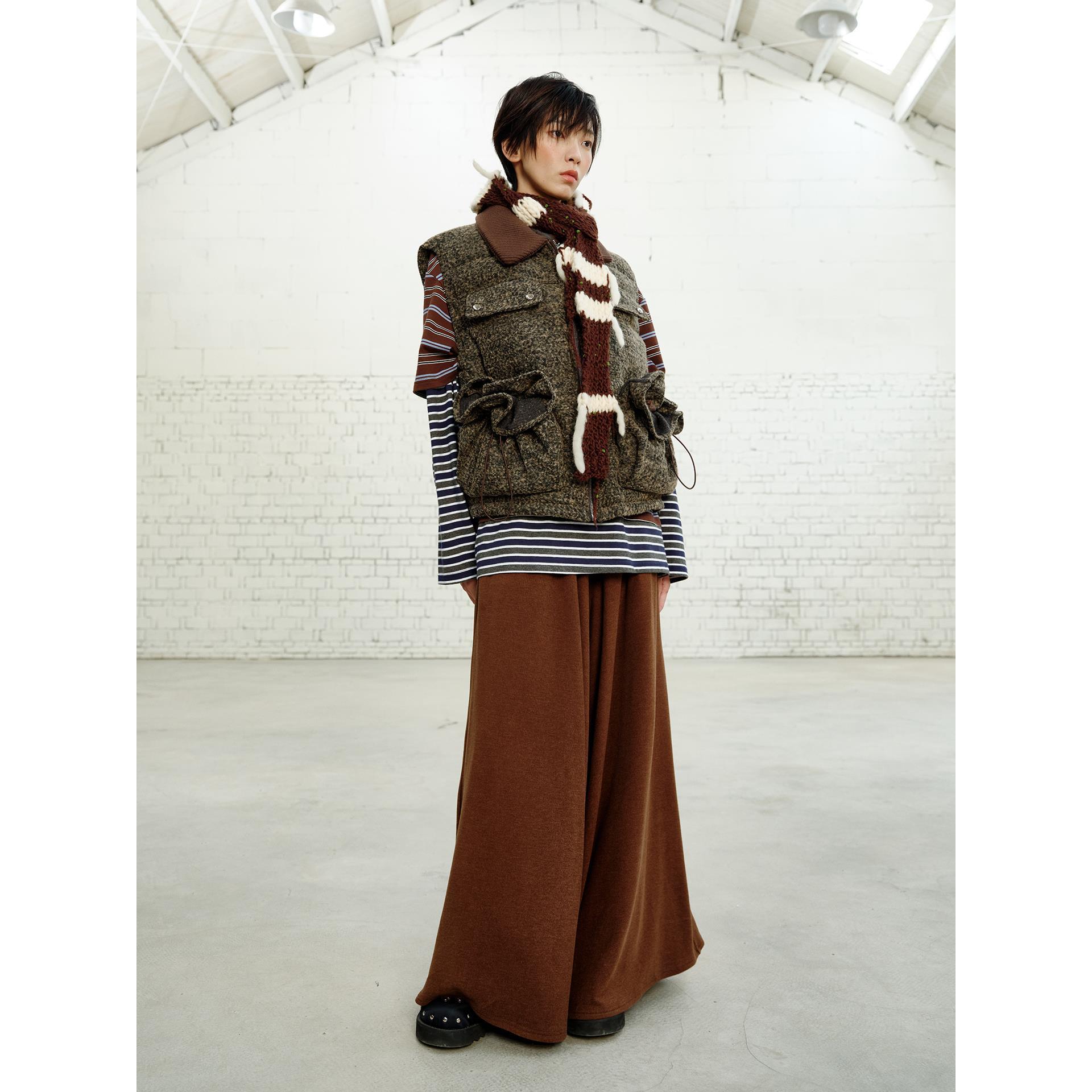 YANAG原创设计咖色花边棉马甲