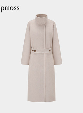 【deepmoss】2025秋冬新款女士设计感时尚燕麦色围领毛呢长大衣