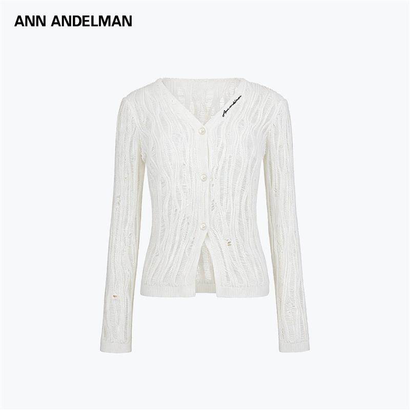 ANN ANDELMAN2026夏季新款缕空V领长袖毛针织衫女麻花纹薄款上衣