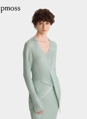 【deepmoss】2025秋冬新款女士烫银不规则交叠落褶V领收腰上衣