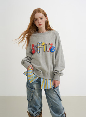 SOFITTE 25AW灰色印花贴布logo拼接圆领卫衣休闲百搭男女同款