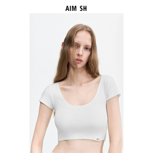 女士 短款 显瘦露腰u领短袖 AIM 修身 T恤 新品