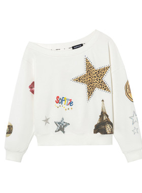 SOFITTE 25AW复古满印卫衣女斜肩不对称设计烫钻通勤宽松慵懒风