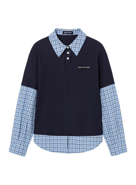 SOFITTE 25AW藏青色拼接格纹宽松假两件美式复古长袖POLO上衣男女