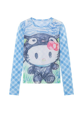 SOFITTE 25AW蓝色格纹打底衫女趣味印花拼接设计感长袖t恤上衣女