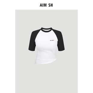 新品 2025夏季 AIM 女士 爱心刺绣T恤侧腰打结短袖