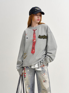 【吴添豪同款】SOFITTE 25AW灰色趣味印花美式复古长袖卫衣男女款