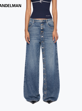 ANN ANDELMAN蓝色纽扣设计感休闲阔脚长裤加长门襟牛仔裤