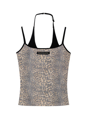 【李紫婷同款】SOFITTE 25AW豹纹撞色拼边修身假两件挂脖背心吊带