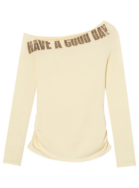 SOFITTE 2025AW斜肩标语印花长袖打底衫新款褶皱修身慵懒风百搭女