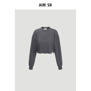 新品 休闲落肩圆领套头露腰长袖 AIM 女士 T恤上衣