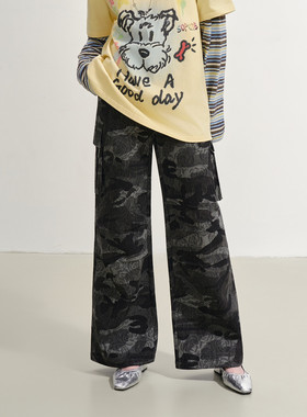 SOFITTE 25AW深灰色做旧花朵迷彩宽松美式复古直筒百搭工装裤男女