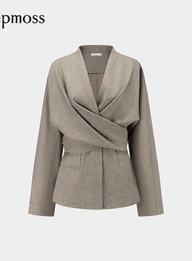 【deepmoss】2025秋冬新款女士设计感时尚燕麦色交叠收腰连袖衬衫