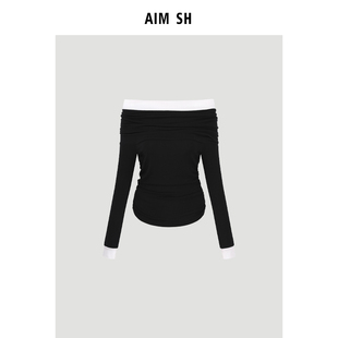 新品 长袖 AIM 女士一字肩堆堆收腰显瘦混纺秋季 T恤