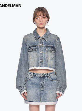 ANN ANDELMAN2025新款蓝色翻领拼接假两件牛仔拼接短外套