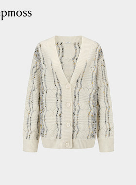 【deepmoss】2025秋冬新款女设计感白灰绞花羊毛混纺开衫毛衣外套