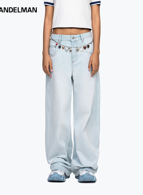 ANN ANDELMAN2025新品浅蓝色水洗弯刀阔型牛仔裤休闲长裤