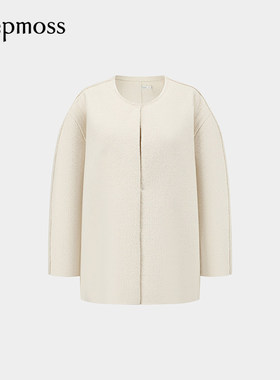 【deepmoss】2025秋冬新款女士设计感时尚奶白无领茧型绵羊毛大衣