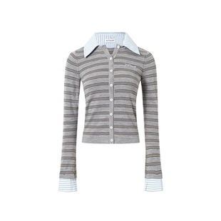 上衣 衬衣领牛仔领拼接针织条纹纽扣开衫 JAC FLEURANT2025秋冬新品