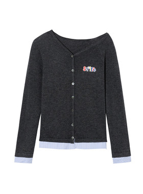 SOFITTE 25AW灰色拼接条纹斜肩设计感开衫慵懒风修身针织衫外套女