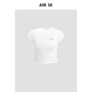女士 圆领爱心刺绣小飞袖 简约短款 AIM 短袖 T恤 新品