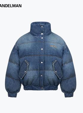 ANN ANDELMAN蓝色宽松高领面包服牛仔羽绒服外套女白鸭绒