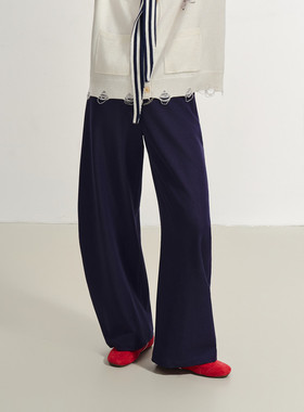 SOFITTE 25AW藏青色木耳边双腰头宽松美式复古街头弯刀长裤男女款