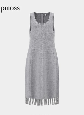 【deepmoss】2025秋冬新款女士霜灰色灯笼羊毛混纺流苏连衣裙