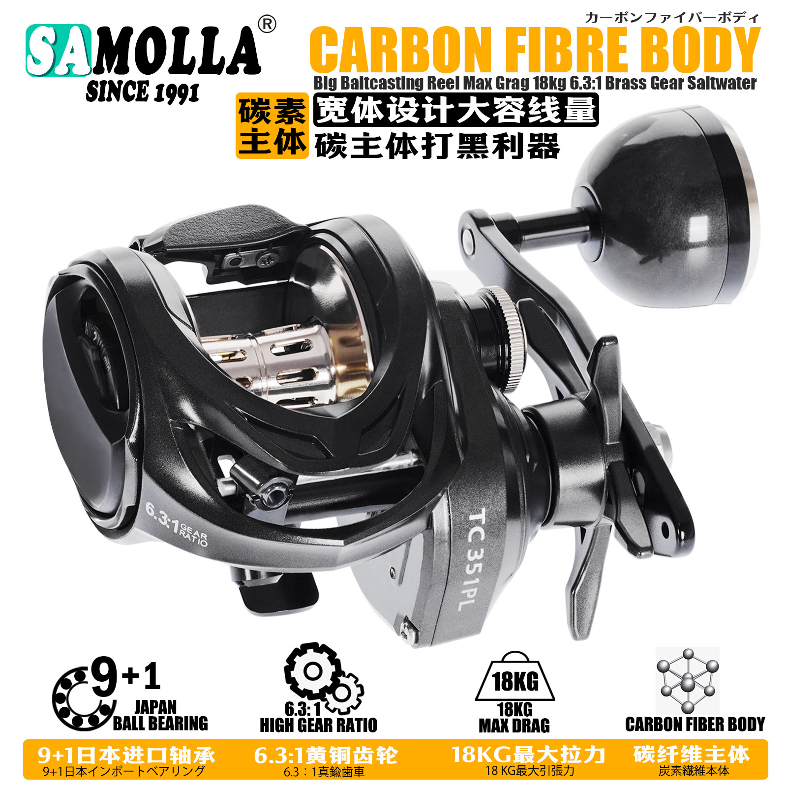 SAMOLLA碳纤维加宽主体水滴轮大容线量打黑海钓鱼线轮9+1不锈钢轴图片