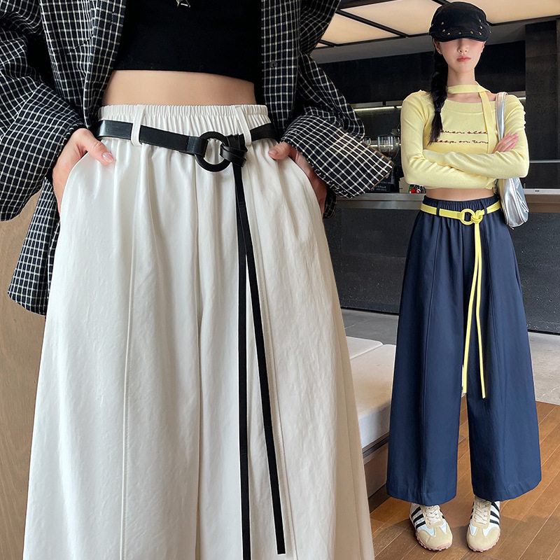 韩系慵懒风宽松阔腿裤子女春季新款休闲松紧高腰百搭显瘦九分裤子
