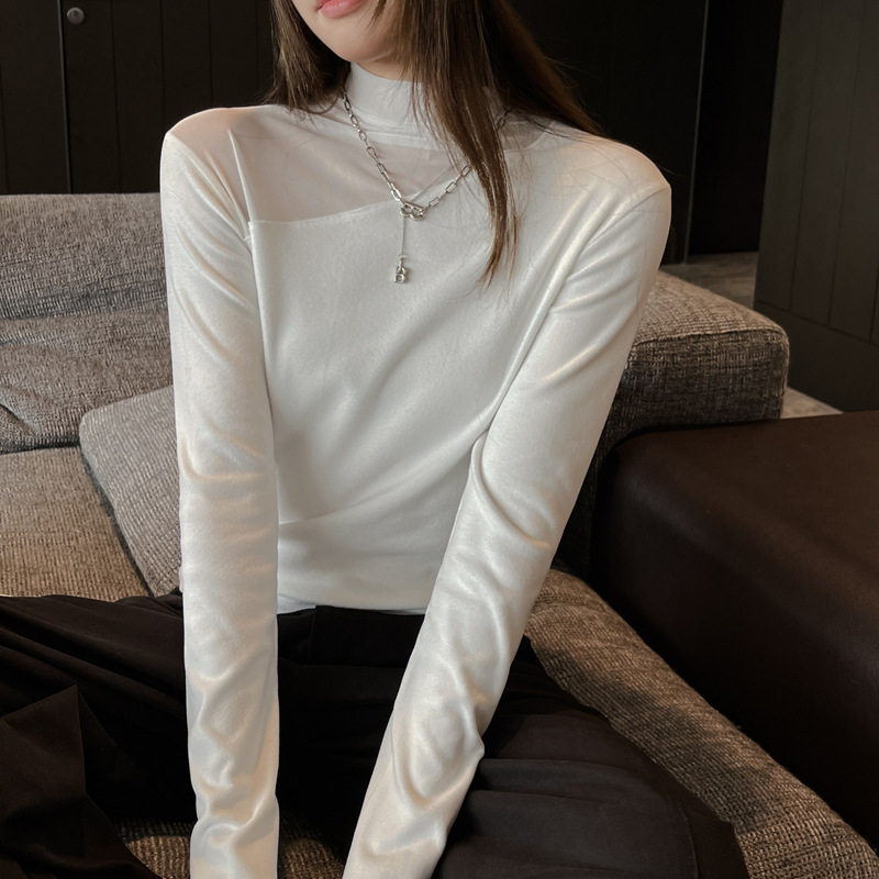 半高领网纱拼接设计高级感内搭打底衫女修身t恤韩版纯色百搭上衣