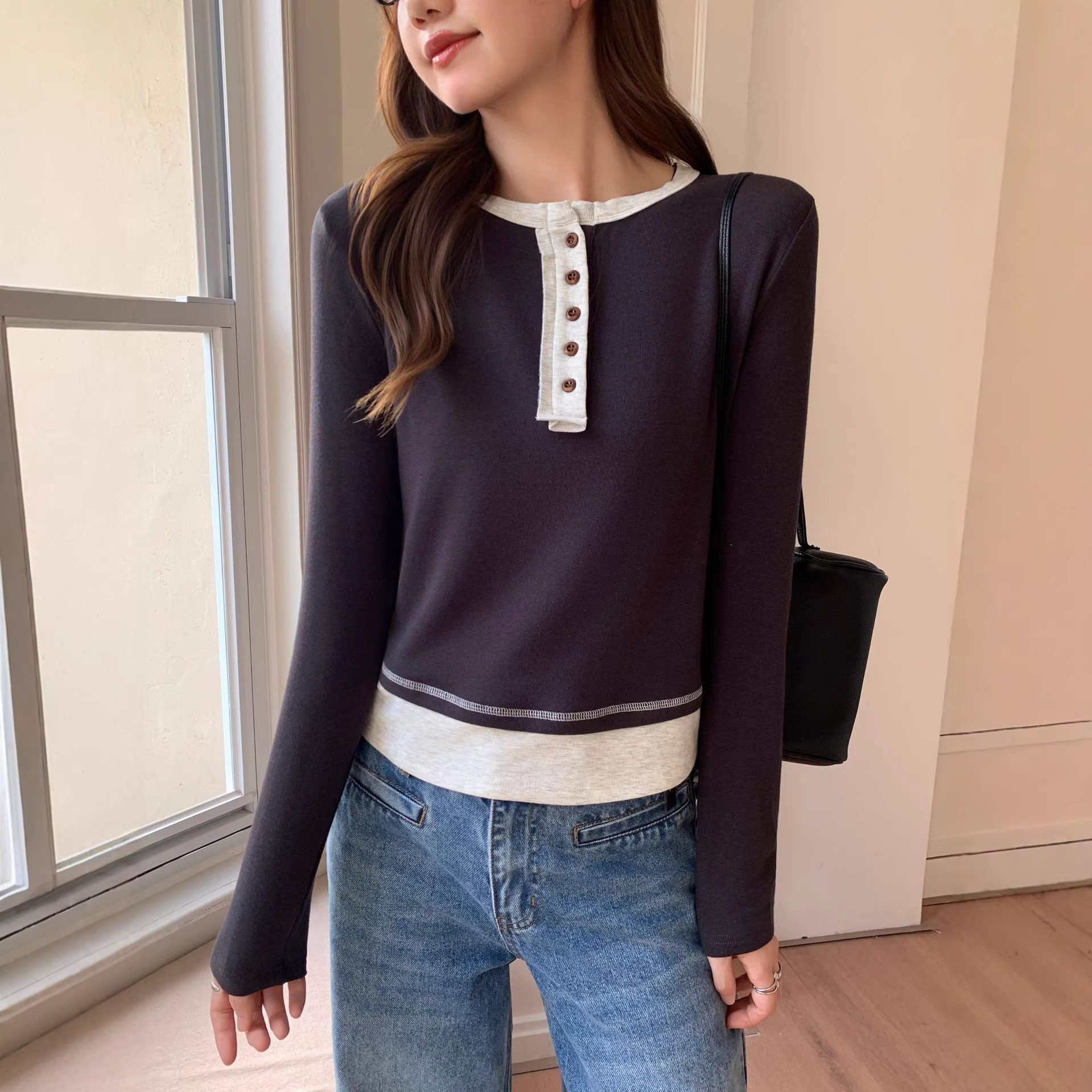 实拍假两件亨利领正肩长袖T恤女2026春季新款打底衫内搭设计上衣,女装/女士精品,T恤,淘宝优惠券,粉丝福利购,淘宝优惠卷