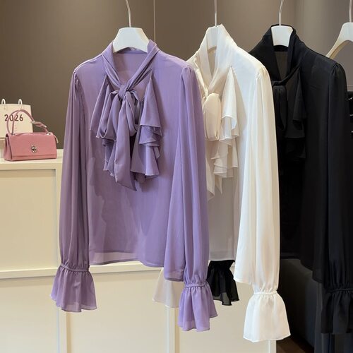 法式蝴蝶结长袖雪纺衫夏季新款